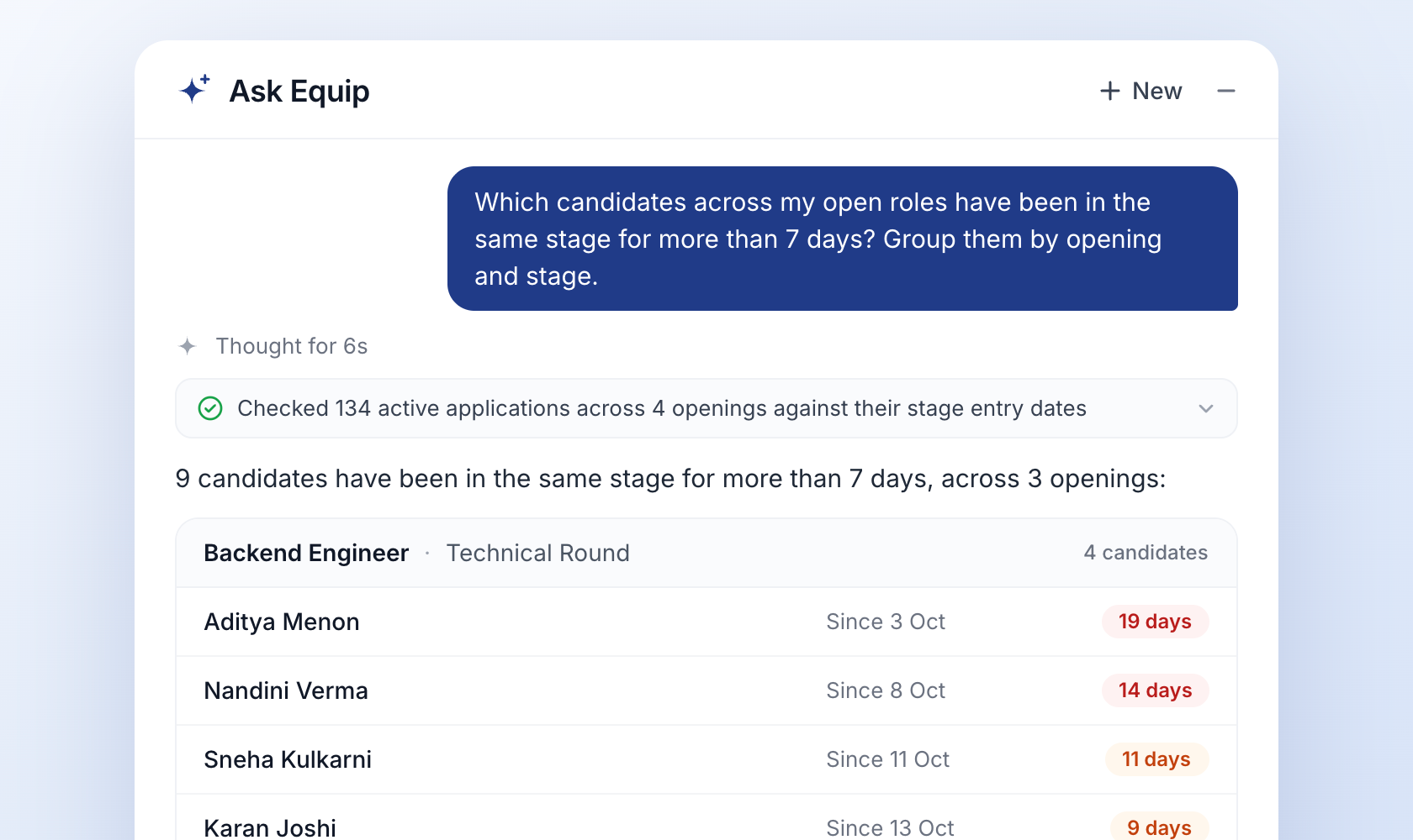 Ask Equip grouping candidates who have been in the same hiring stage for more than seven days, by opening and stage