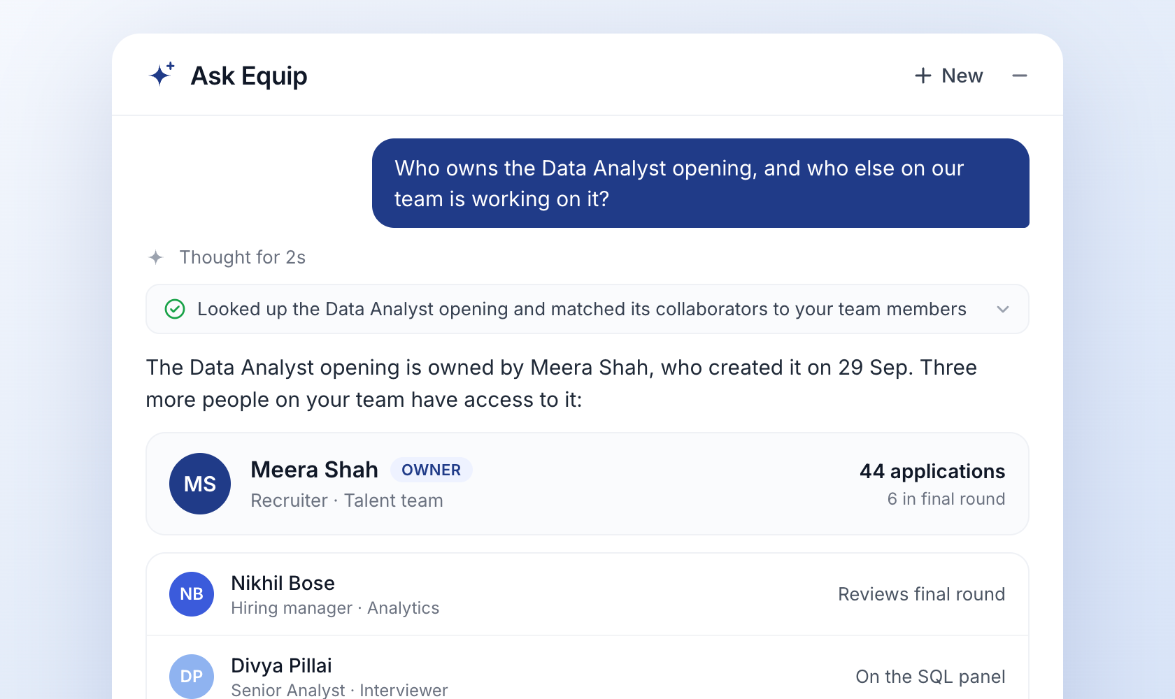 Ask Equip naming the owner of the Data Analyst opening and the team members working on it